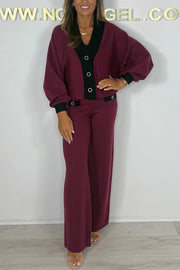 Fashion Contrast Color V-neck Loose Cardigan and Elastic Waist Casual Pants Set
