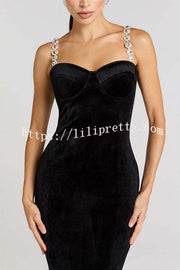 Harley Luxurious Velvet Fabric Jewel-embellished Shoulder Straps Midi Dress
