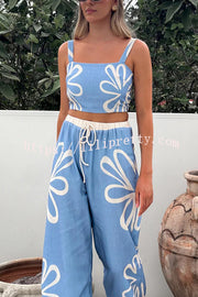 Floral Print Suspender Back Pleated Top and Elastic Waist Drawstring Pants Set