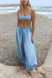 Solid Color Casual Pocket Elastic Waist Lantern Wide Leg Pants