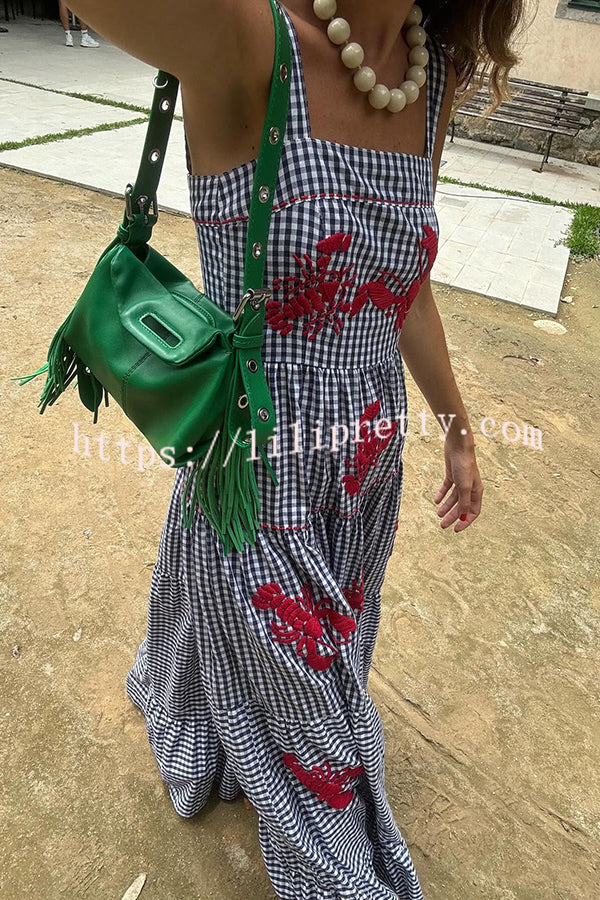 Funny Summer Plaid Lobster Print Square Neck Layered Maxi Dress