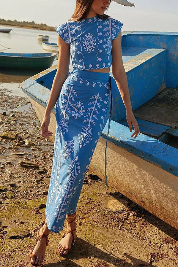 Lilipretty® Rima Linen Blend Ethnic Print Crop Top & Tire-up Wrap Midi Skirt Set