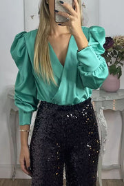 Perfectly Adored Satin Crossover Neckline Puff Sleeve Blouse