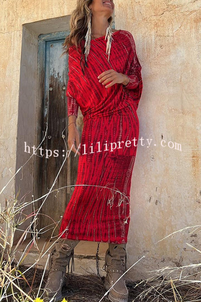 Lilipretty® Better Off in Bali Tie-dye Print Dolman Sleeve Stretch Midi Dress
