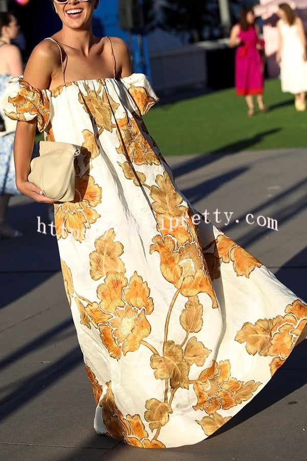 Floral Print Suspenders Puff Sleeves Loose Pocket Holiday Maxi Dress