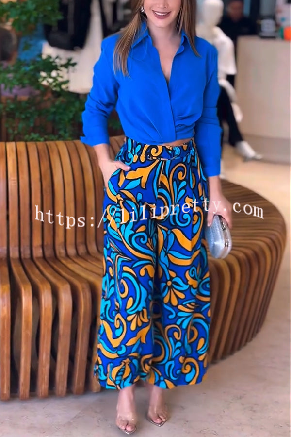 Ocean Heart Linen Blend Printed Ruched Hem Blouse and Belted High Rise Pocket Loose Pants Set