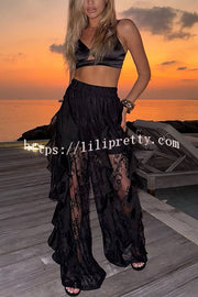 Zoella Lace Draped Ruffles Patchwork High Rise Elastic Waist Wide Leg Pants