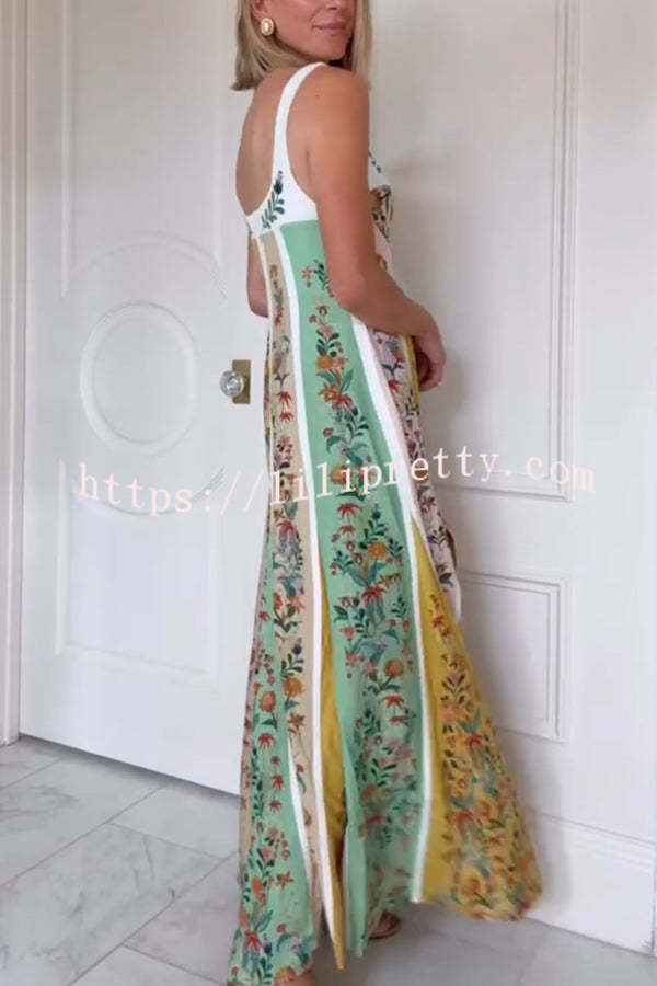 Sweet Garden Linen Blend Color Block Floral Paneled Maxi Dress