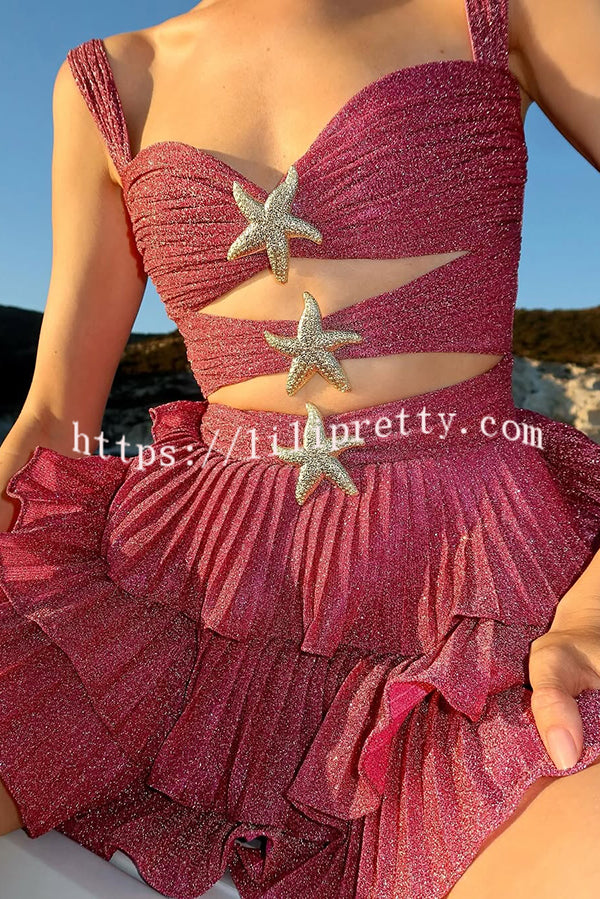 Little Mermaid Glitter Fabric Metal Starfish Hollow Layered Stretch One-piece Swimsuit