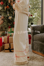 Candy Cane Cutie Loose Bow Tie Long-Sleeved Sweatshirt and Elastic Waist Pocket Pants Set