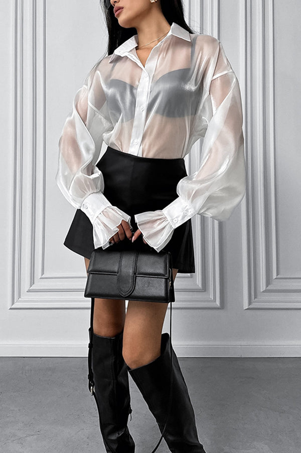 Fashion Lapel Long Sleeve Ruffled See-through Casual Shirt