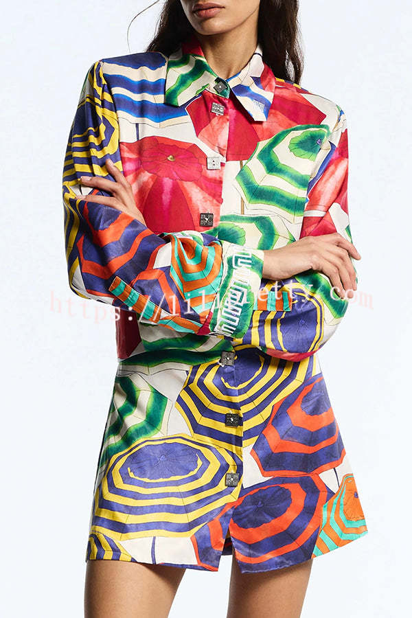 Elouise Satin Color Block Art Print Long Sleeve Button Back Elastic Waist H-line Mini Dress