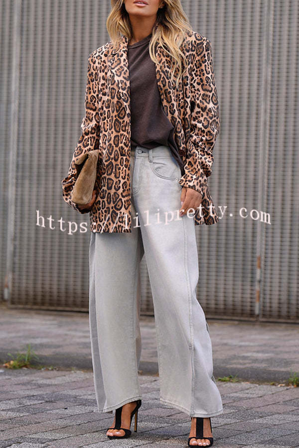 Catwalk Leopard Single Button Long Sleeve Pocketed Lapel Boyfriend Blazer