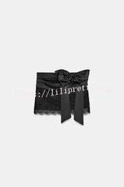 Anna Satin Bow Appliqué Mid Rise Lace Hem Mini Skirt