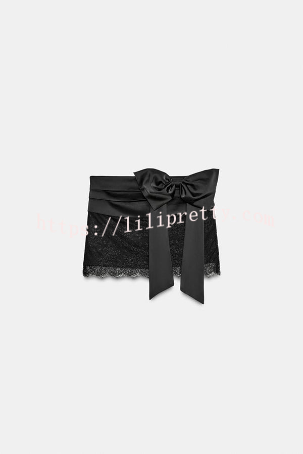 Anna Satin Bow Appliqué Mid Rise Lace Hem Mini Skirt