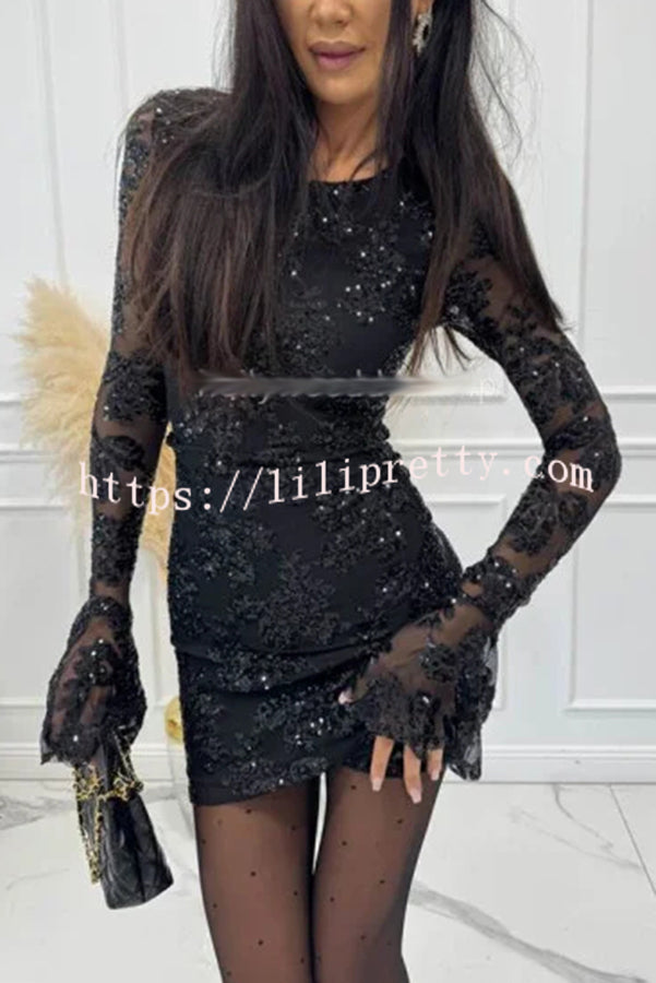 Deep and Dazzling Floral Texture Sequin Long Bell Sleeve Open Back Mini Dress