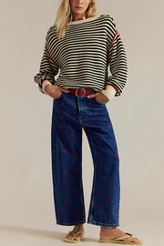 Fashion Striped Colorblock Loose Round Neck Long-sleeved Knitted Sweater