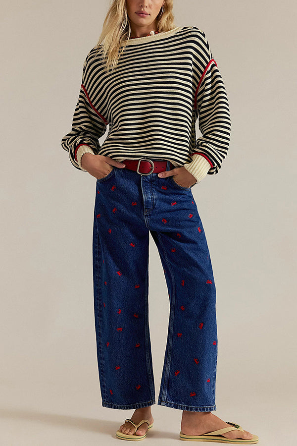 Fashion Striped Colorblock Loose Round Neck Long-sleeved Knitted Sweater