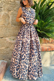 Lisa Leopard Print Back Tie-up Tank and Elastic Waist Pleated A-line Maxi Skirt