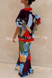 Bright and Bold Knit Abstract Color Blocks Button Long Sleeve Loose Cardigan
