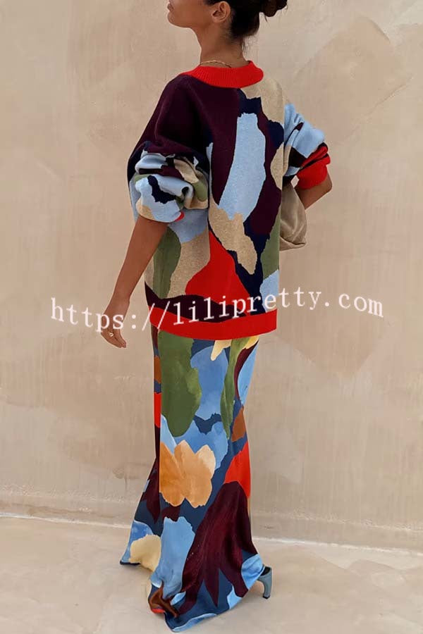Bright and Bold Knit Abstract Color Blocks Button Long Sleeve Loose Cardigan