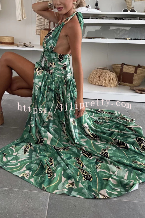 Amazon Scenery Unique Print Tie-up Cutout Waist Ring Halter Slit Maxi Dress