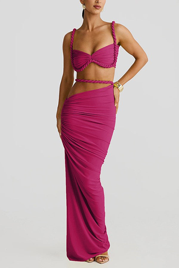 Sexy Halter Back Braided Suspender Top and Beach Holiday Style Hip-wrapped Maxi Skirt Set