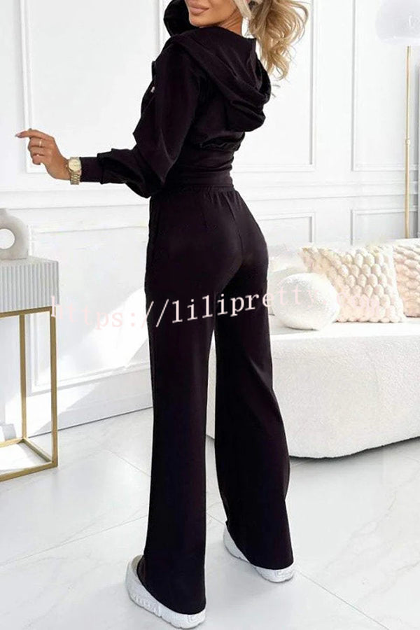 Solid Color Hooded Zip-up Jacket and Elastic Waist Pocket Wide-leg Pants Set