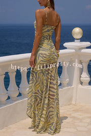 Kiata Zebra Print Cutout Beads Ruffle Trim Ruched Slit Maxi Dress