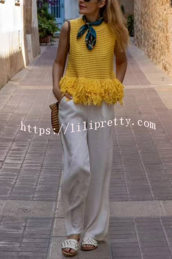 Solid Color Round Neck Sleeveless Hollow Tassel Loose Vest