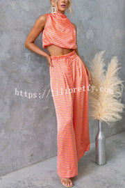 Girls Night Satin Printed High Neck Top and Elastic Tie-up Waist Pocket Wide Leg Pants Set