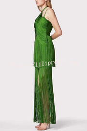 Sexy Halterneck Open Back Elegant Tassel Slim Maxi Dress