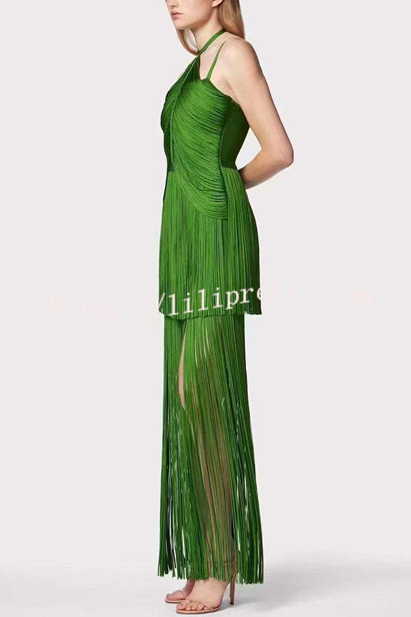 Sexy Halterneck Open Back Elegant Tassel Slim Maxi Dress