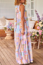 Beautiful Floral Print Round Neck Suspender Patchwork Lace Up Maxi Dress