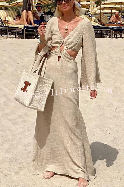 Beach Style Linen Blend Cutout Detail Bell Sleeve Maxi Dress