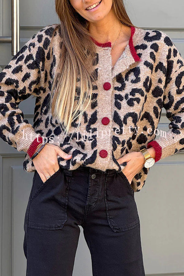 Leopard Print Crew Neck Long-sleeved Loose Knit Cardigan