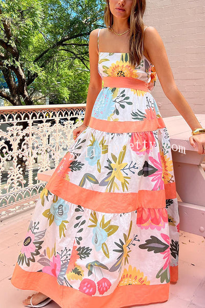 Summer Never Ends Linen Blend Floral Print Back Tie-up Tiered Maxi Dress