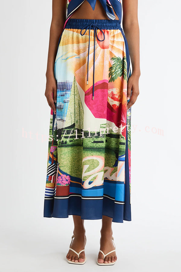 Seaside Holiday Satin Unique Print Knotted Scarf Top and Elastic Waist Loose Maxi Skirt Set