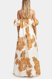 Floral Print Suspenders Puff Sleeves Loose Pocket Holiday Maxi Dress