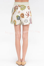 Beach Shell Print Short Sleeve Loose Shirt and Elastic Waist Tie Casual Pocket Shorts Set