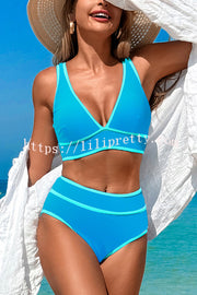 Solid Color Contrast High Waist Stretch Bikini Swimsuit