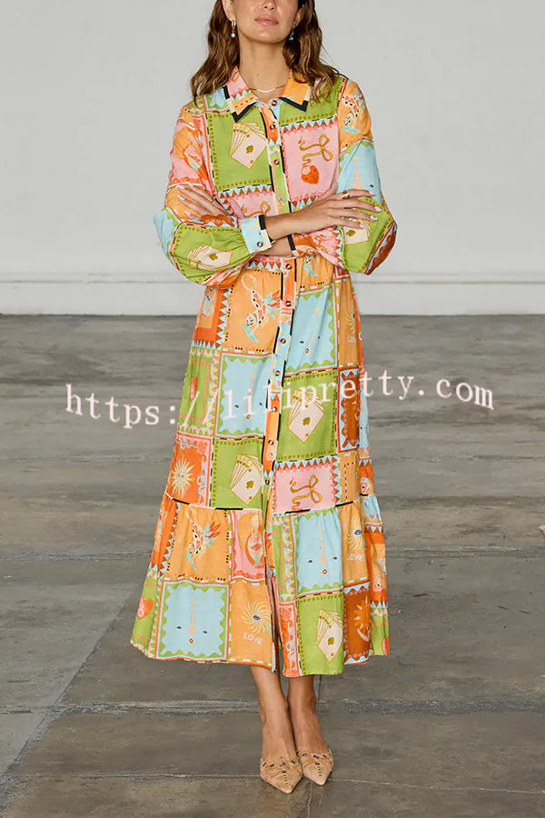 Linen Blend Unique Printed Long Sleeve Lapel Tie-waist Midi Dress