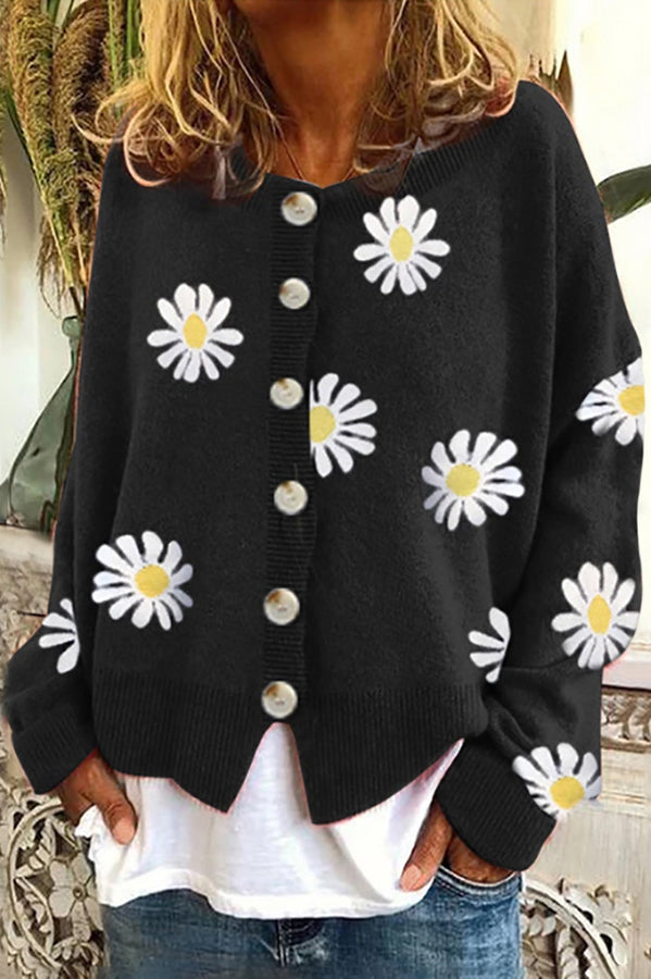 Lilipretty Chrysanthemum Embroidery Knitting Button Down Cardigan Coats