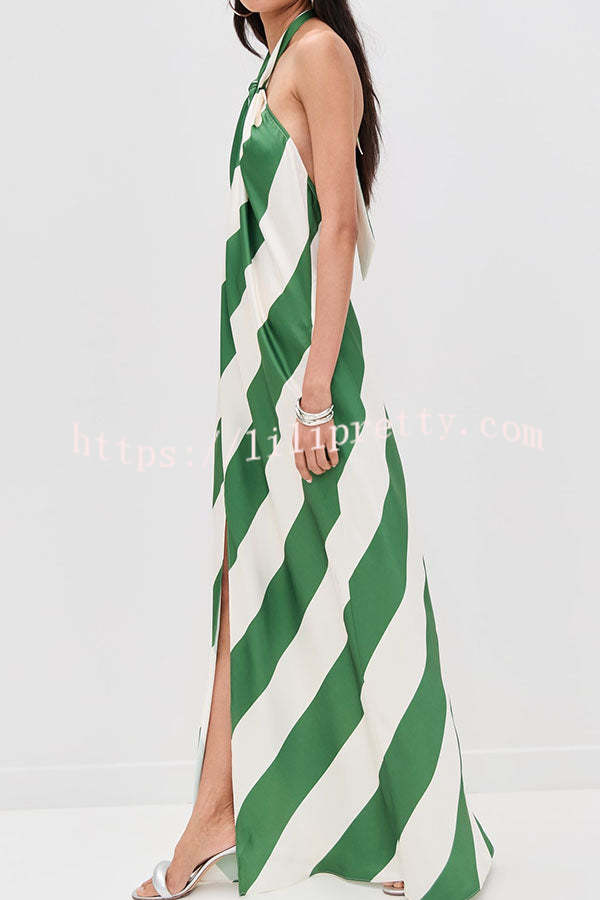 Most Dreamy Stripe Print Halter Tie-up Backless Pocket Loose Maxi Dress