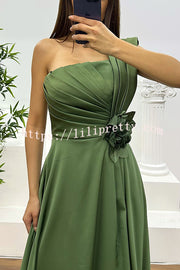 Nasha Satin Pleated One Shoulder Petal Gemstone Detail Pocket Slit Maxi Dress