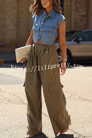 Great Week Pleated Elastic Waist Zipper Pocket Wide Leg Cargo Pants
