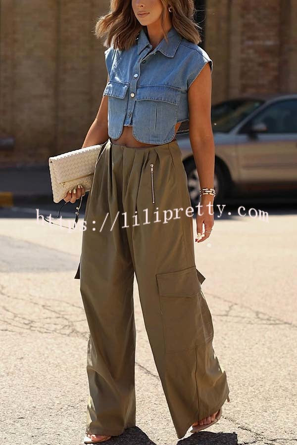 Great Week Pleated Elastic Waist Zipper Pocket Wide Leg Cargo Pants