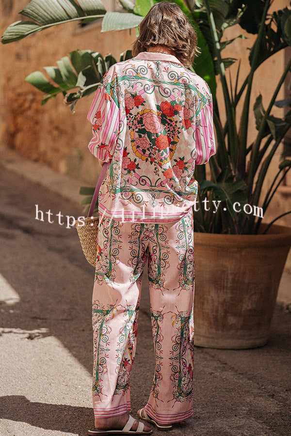 Floral Charm Unique Print Loose Blouse and Elastic Waist Pocketed Pants Set