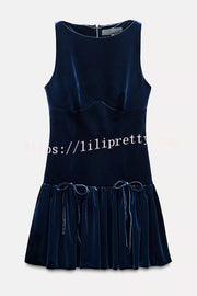 Solid Velvet Bow Embellished Sleeveless Mini Dress