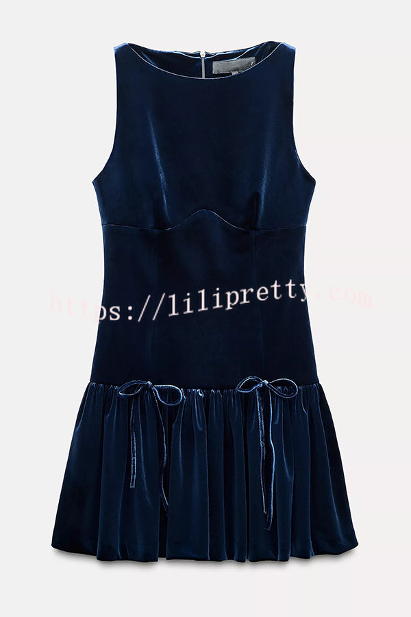 Solid Velvet Bow Embellished Sleeveless Mini Dress